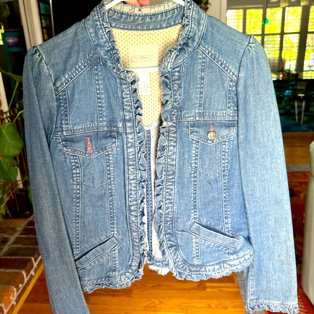 Anthropologie Cedra Size 6 Ruffled Jean Denim Jacket
